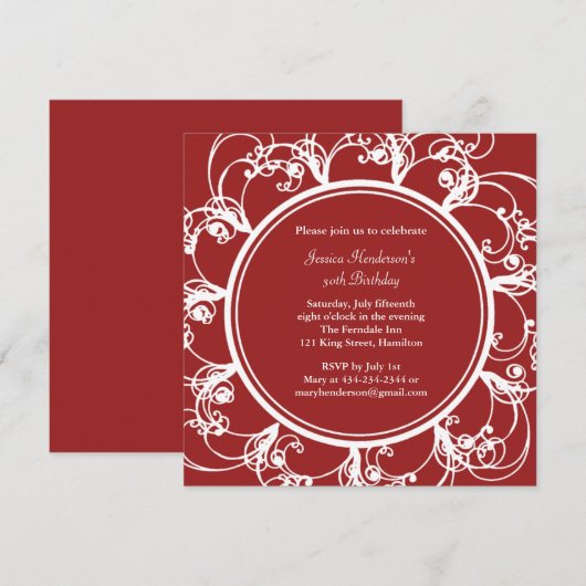 Fancy Floral Birthday Invite (rood) Kaart (Voorkant / Achterkant)