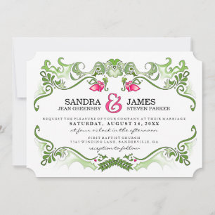Fancy Floral Border - Roze & Groene Wedding Uitnod Kaart
