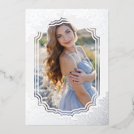 Fancy Floral Lijst Mis XV Años Foto Folie Uitnodiging (Voorkant)