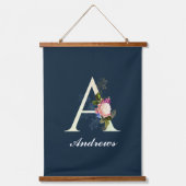 Fancy Floral Monogram A Donkerblauw Hangend Wandkleed (Voorkant)