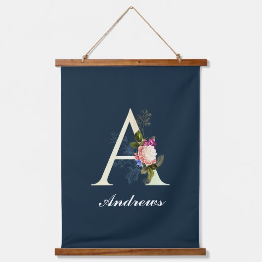 Fancy Floral Monogram A Donkerblauw Hangend Wandkleed (Voorkant)