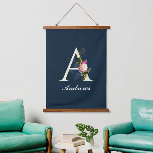 Fancy Floral Monogram A Donkerblauw Hangend Wandkleed (Woonkamer)
