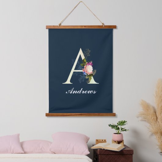 Fancy Floral Monogram A Donkerblauw Hangend Wandkleed (Slaapkamer)