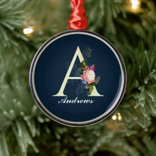 Fancy Floral Monogram A Donkerblauw Metalen Ornament