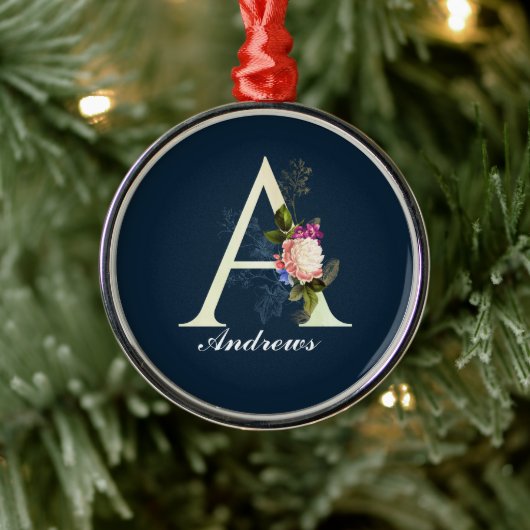 Fancy Floral Monogram A Donkerblauw Metalen Ornament (Boom)