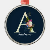 Fancy Floral Monogram A Donkerblauw Metalen Ornament (Voorkant)