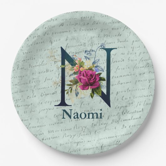 Fancy Floral Monogram Initiaal N Papieren Bordje (Voorkant)