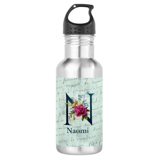 Fancy Floral Monogram Initiaal N Waterfles (Voorkant)