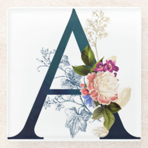 Fancy Floral Monogram Letter A Glazen Onderzetter