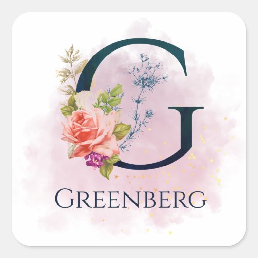 Fancy Floral Monogram Letter G Waterverf Splash Vierkante Sticker (Voorkant)