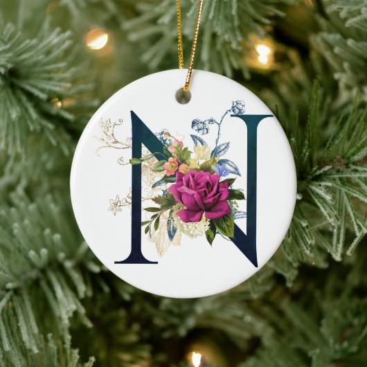 Fancy Floral Monogram Letter N Keramisch Ornament (Boom)