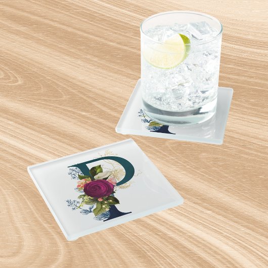 Fancy Floral Monogram Letter P Glazen Onderzetter