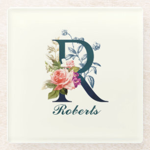 Fancy Floral Monogram letter R Glazen Onderzetter