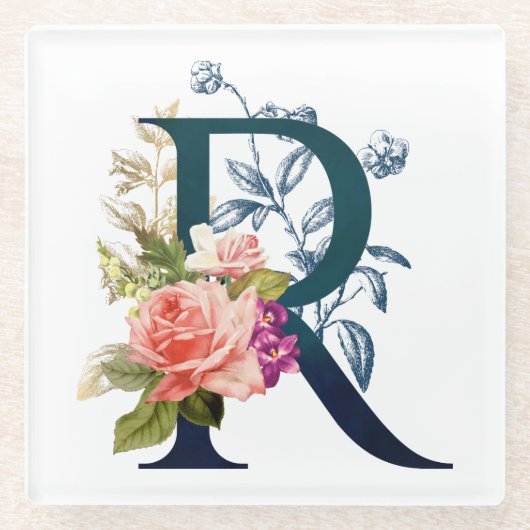 Fancy Floral Monogram letter R Glazen Onderzetter (Voorkant)