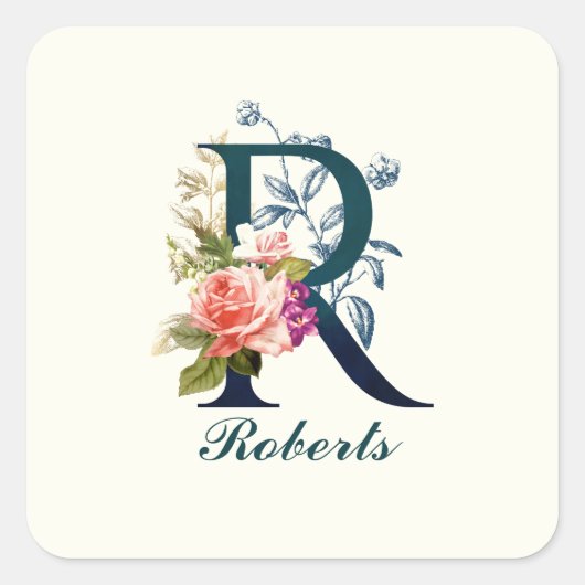 Fancy Floral Monogram letter R Vierkante Sticker (Voorkant)