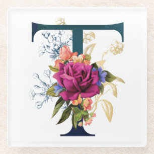 Fancy Floral Monogram Letter T Glazen Onderzetter