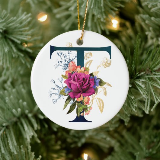 Fancy Floral Monogram Letter T Keramisch Ornament (Boom)
