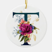 Fancy Floral Monogram Letter T Persoonlijk Keramisch Ornament (Voorkant)