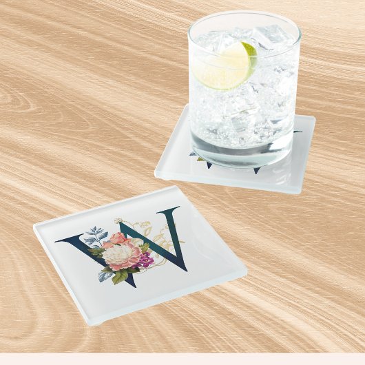 Fancy Floral Monogram Letter W Glazen Onderzetter