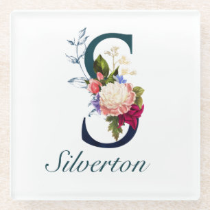 Fancy Floral Navy Monogram Letter S Glazen Onderzetter