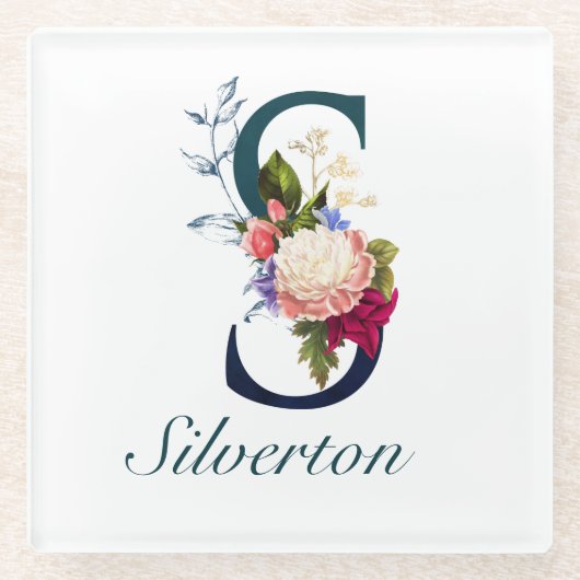 Fancy Floral Navy Monogram Letter S Glazen Onderzetter (Voorkant)