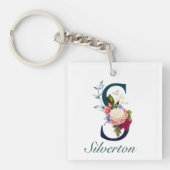 Fancy Floral Navy Monogram Letter S Sleutelhanger (voorkant)