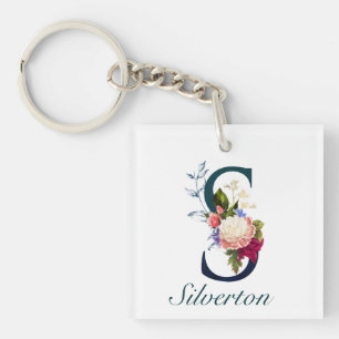 Fancy Floral Navy Monogram Letter S Sleutelhanger