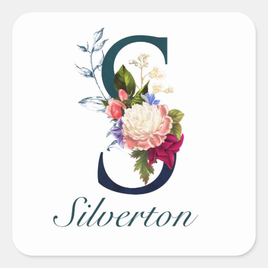 Fancy Floral Navy Monogram Letter S Vierkante Sticker (Voorkant)