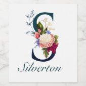 Fancy Floral Navy Monogram Letter S Wijn Etiket (Enkel label)