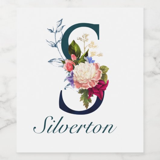 Fancy Floral Navy Monogram Letter S Wijn Etiket (Enkel label)