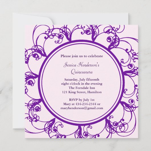 Fancy Floral Quinceanera Invite (paars) Kaart (Voorkant)