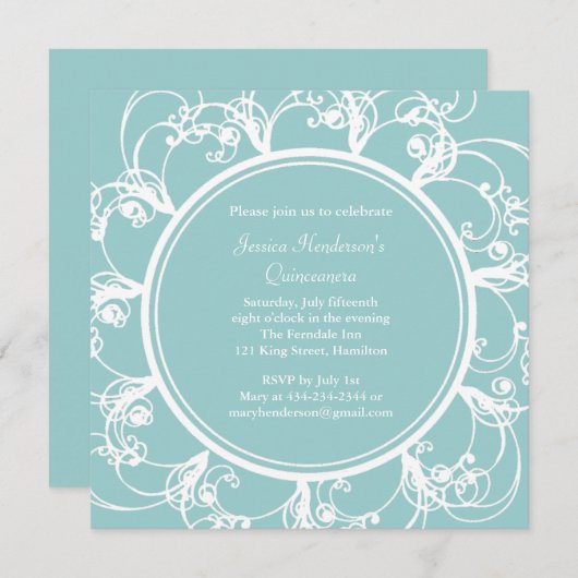 Fancy Floral Quinceanera Invite (turquoise) Kaart (Voorkant / Achterkant)