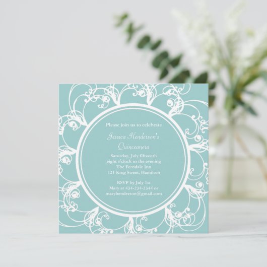 Fancy Floral Quinceanera Invite (turquoise) Kaart (Staand voorkant)