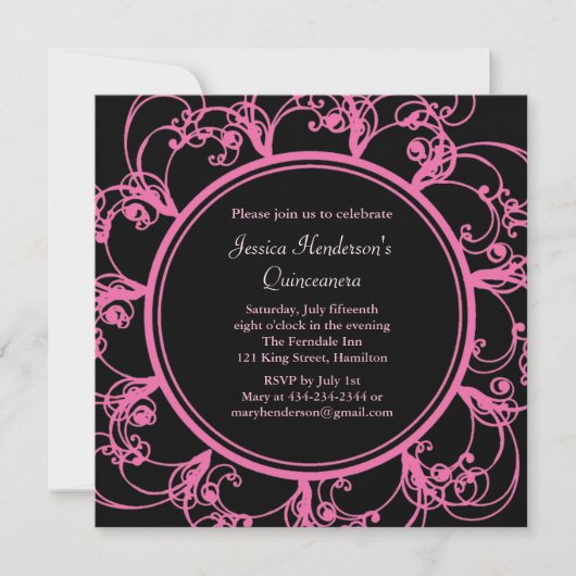 Fancy Floral Quinceanera Invite (zwart) Kaart (Voorkant)
