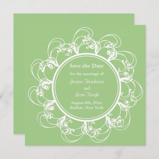 Fancy Floral sparen de Datum (groen) Save The Date (Voorkant / Achterkant)