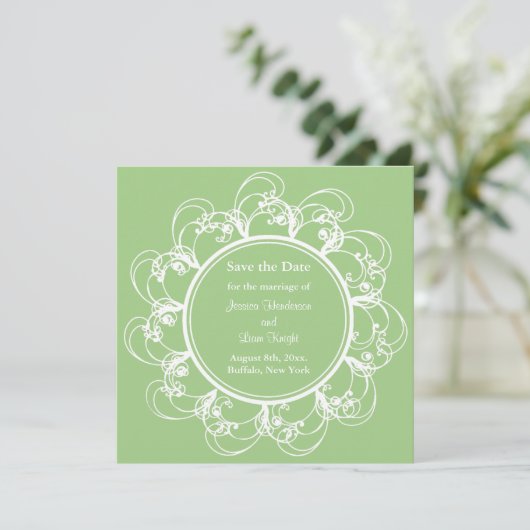 Fancy Floral sparen de Datum (groen) Save The Date (Staand voorkant)