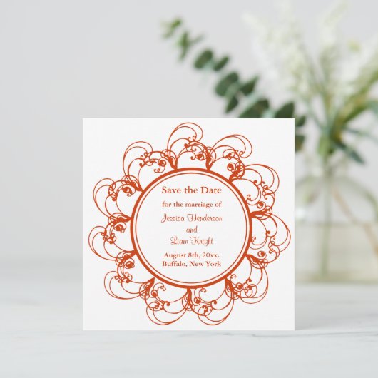 Fancy Floral sparen de Datum (oranje) Save The Date (Staand voorkant)