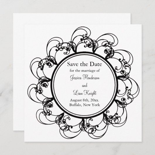 Fancy Floral sparen de Datum (zwart-wit) Save The Date (Voorkant / Achterkant)