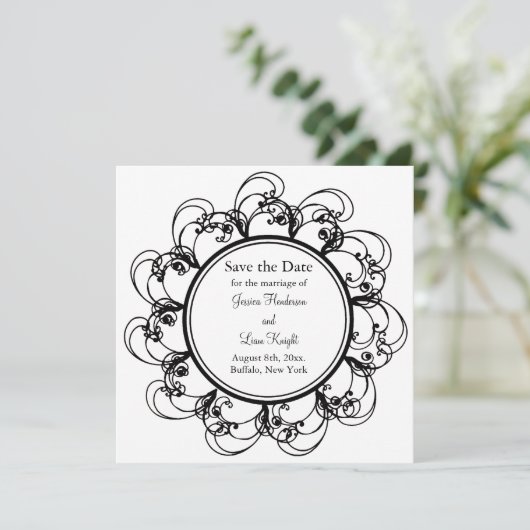 Fancy Floral sparen de Datum (zwart-wit) Save The Date (Staand voorkant)