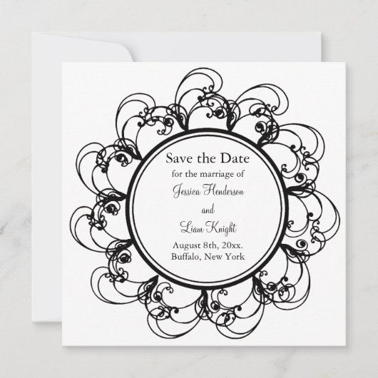 Fancy Floral sparen de Datum (zwart-wit) Save The Date (Voorkant)