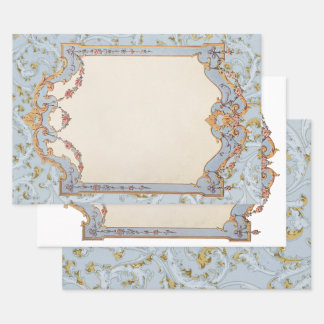 Fancy Frans Lijst Blue Gold Scroll Roos Inpakpapier Vel