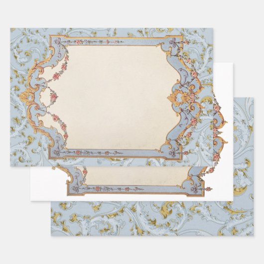 Fancy Frans  Lijst Blue Gold Scroll Roos Inpakpapier Vel (Set)