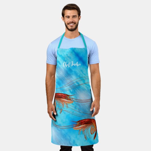 Fancy garnaal op blauw schort (Gedragen)