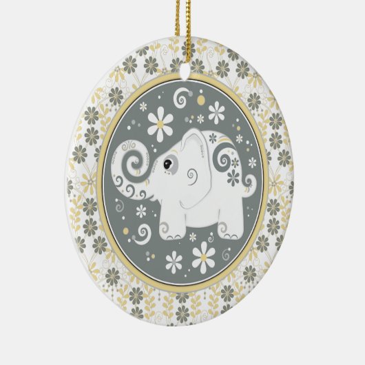 Fancy Geel Grijs Wit Olifanten Bloemen Ornament (Rechts)