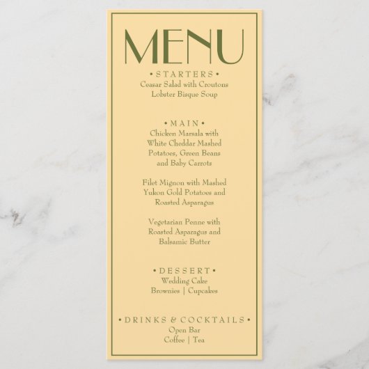 Fancy Geel Olijfgroen Klasse Retro Bruiloft Menu (Voorkant)