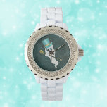 Fancy geest in nacht hemelsblauw Top hoed schedel  Horloge<br><div class="desc">Dit polshorloge heeft een fancy witte spook die in een sterrenhemel zweeft met een blauwe hoed op de bovenkant en met een zwarte stok in goud getrimd met een gouden schedel op de bovenkant.</div>