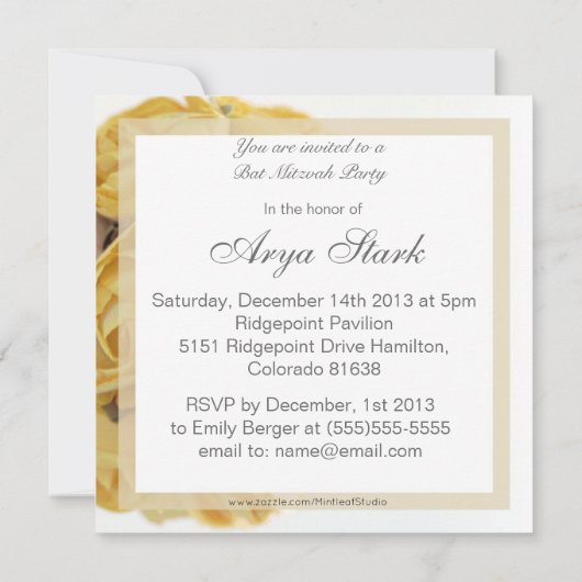 Fancy gele rozen Bat Mitzvah Uitnodiging (Achterkant)