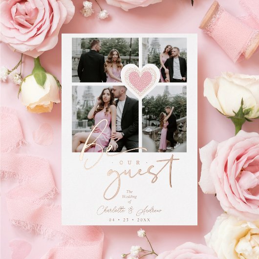Fancy gezichtsroze hart 4 multi-foto's collage folie uitnodiging