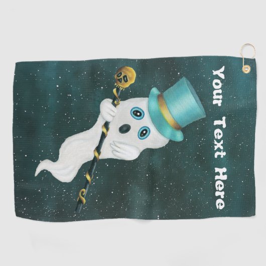 Fancy Ghost Blue Top Hat Black Cane Gold Skull Sky Golfhanddoek (Horizontaal)