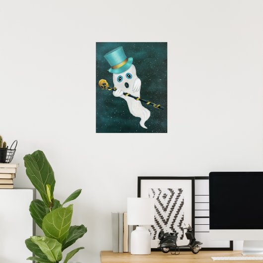 Fancy Ghost Gekke Face Top Hat Cane Starry Sky Poster (Thuiskantoor)